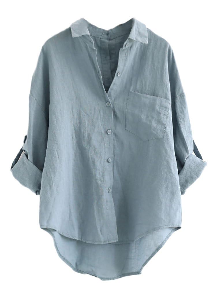 Minibee Women's Linen Blouse High Low Shirt Roll-Up Sleeve Tops Blue XL - Image 1